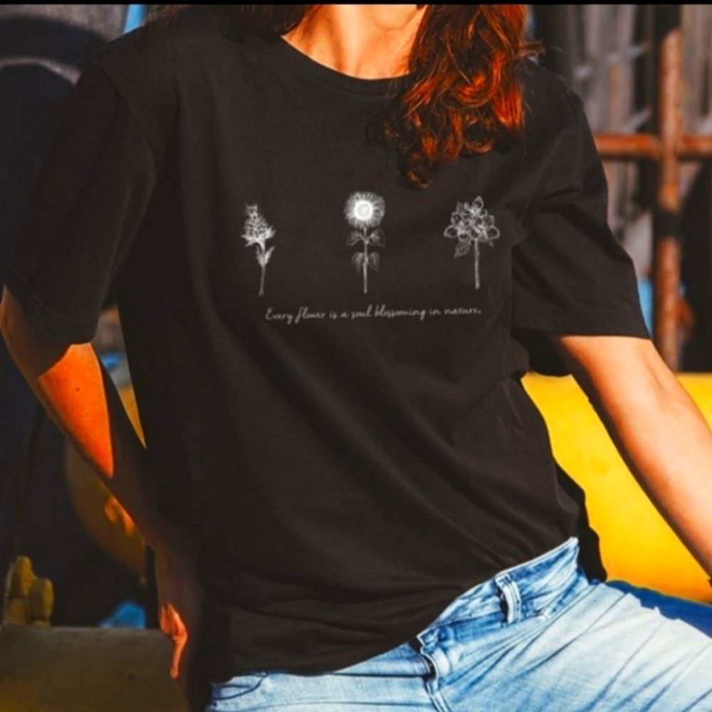 Black floral flower T-Shirt
